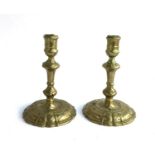 A pair of 18th century brass candlesticks, 16cmH