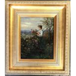 20th century, oil on panel, girl with flowers, signed D Lance, 25x19.5cm Provenance: bears label for