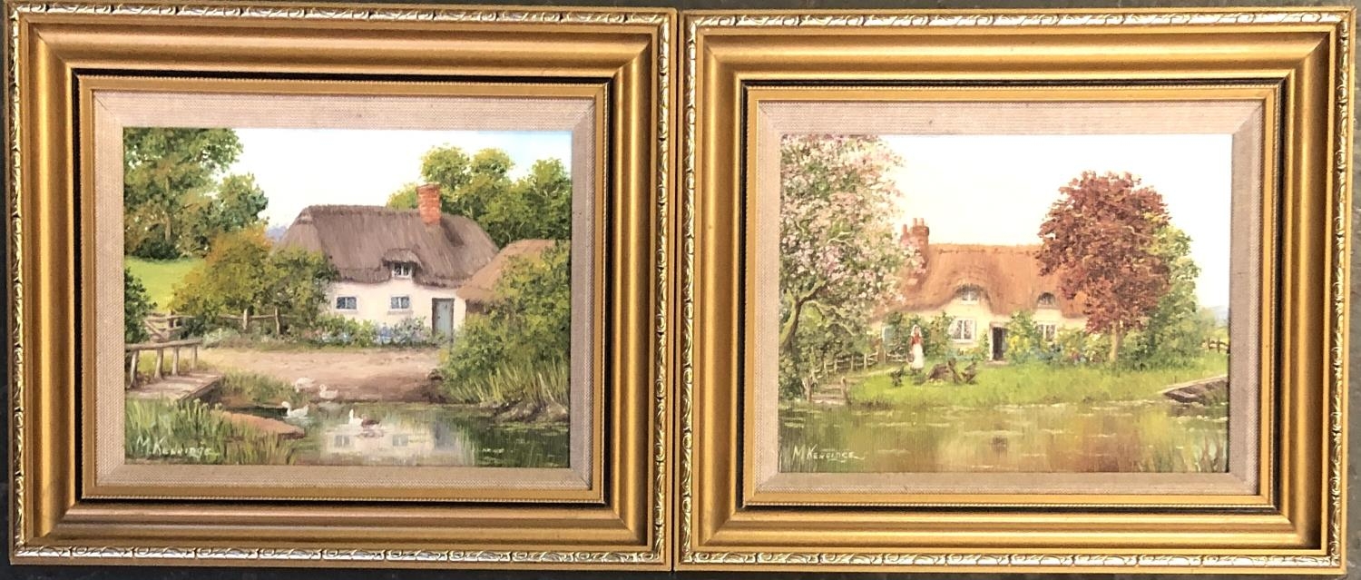 M Kerridge, 'The Duck Pond' and 'Cherry Tree Cottage', oils on artist's board, signed, 14x18.5cm