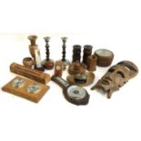 TREEN: a mixed lot to include small bowls and boxes, candlesticks, an African mask etc.