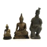 Two Buddhas and a Chinese Terracotta Warrior, the tallest 14cmH