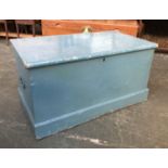 A turquoise painted Victorian pine blanket box with loop carry handles, 93x50x49cm