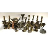 A mixed lot of plated, brass and other metal items to include two pairs of ejector candlesticks,