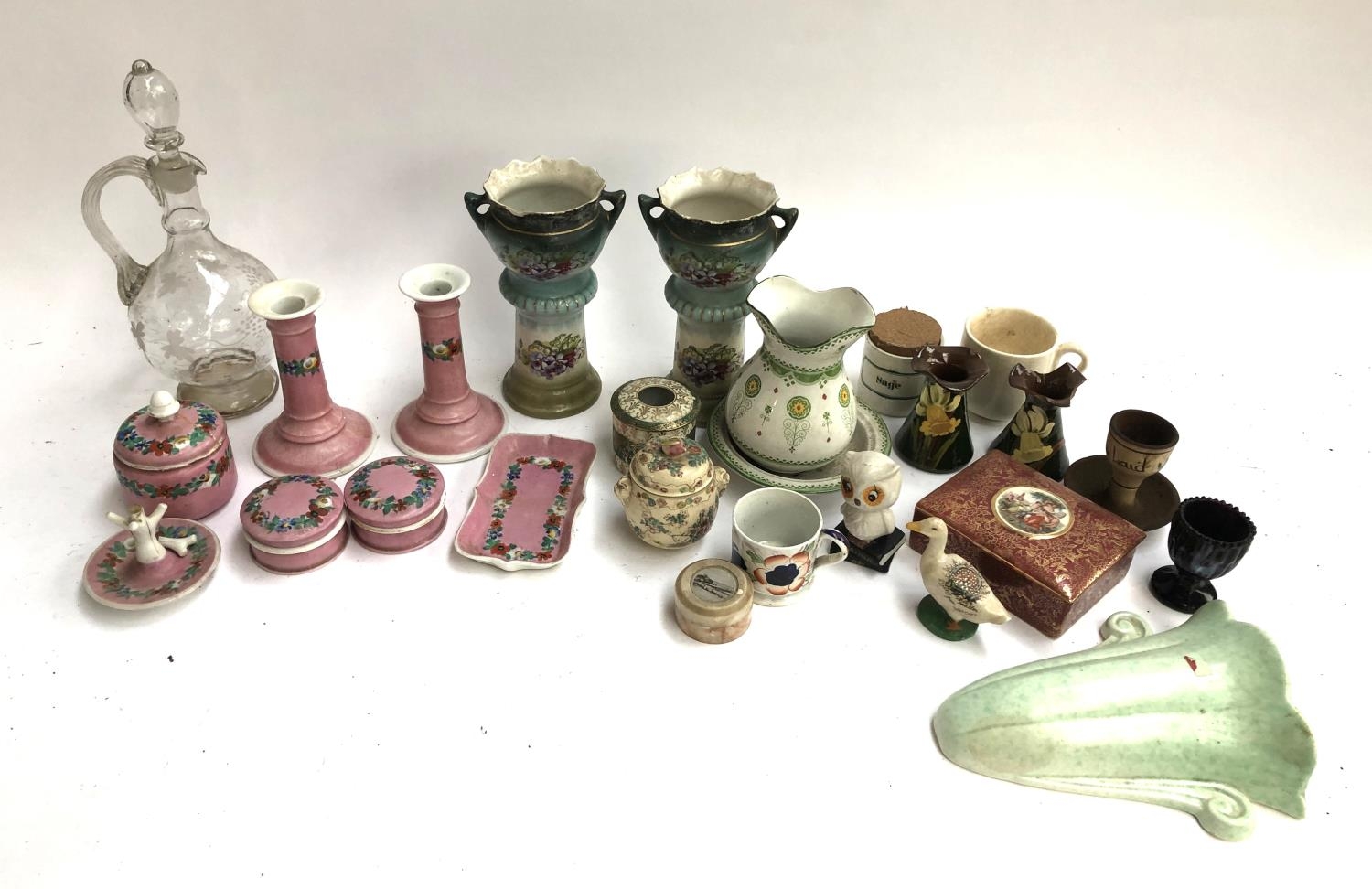 A mixed lot of ceramics to include dressing table set, etched glass decanter, Vienna porcelain style