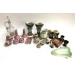 A mixed lot of ceramics to include dressing table set, etched glass decanter, Vienna porcelain style