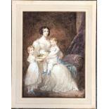 Watercolour of a Regency lady and children, 37x27cm