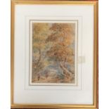 19th century watercolour of figures in a woodland, 24x17cm