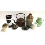 A mixed lot to include enamel kettle, oil lamp, Wilscombe sheep drench stoneware flagon 'This jar