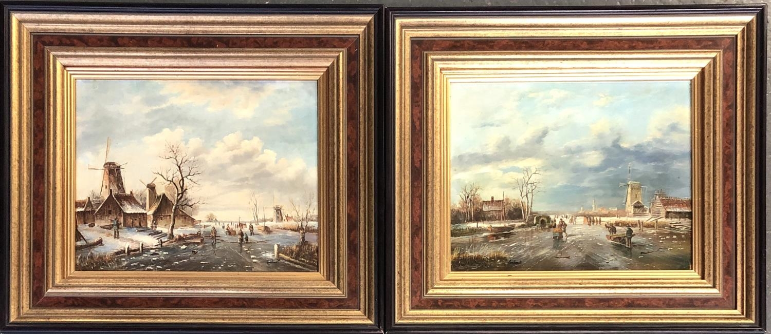 A pair of Dutch oils on board, each depicting figures on a frozen river with windmills, each