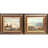 A pair of Dutch oils on board, each depicting figures on a frozen river with windmills, each