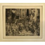 Late 19th/early 20th century drypoint etching, crowded Eastern street scene, 14x17cm