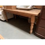 A pine farmhouse kitchen table, on turned legs, 183x91x79cmH