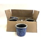 A box of six Grand Illusions blue and white flower pots, each 14cmD