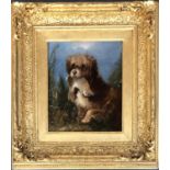 19th century oil on panel, terrier with dead rabbit, 22x18cm