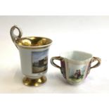A twin handled Dresden ceramic loving cup & a cup with Berlin Museum picture