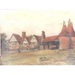 19th century oil on canvas, oast houses by farmstead, 30.5x40.5cm