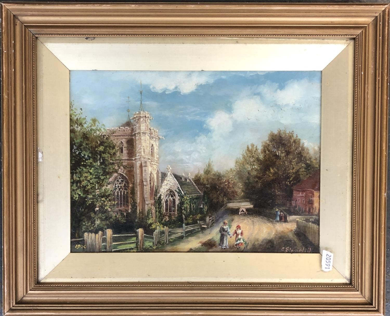 C Stancliff, late Victorian oil on canvas, village street with church, signed and dated 1900,