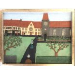 20th century folk art picture, painted clay in low relief, depicting figures on a church path,
