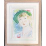 A 20th century watercolour pencil portrait of a lady in a green hat, 40x29cm