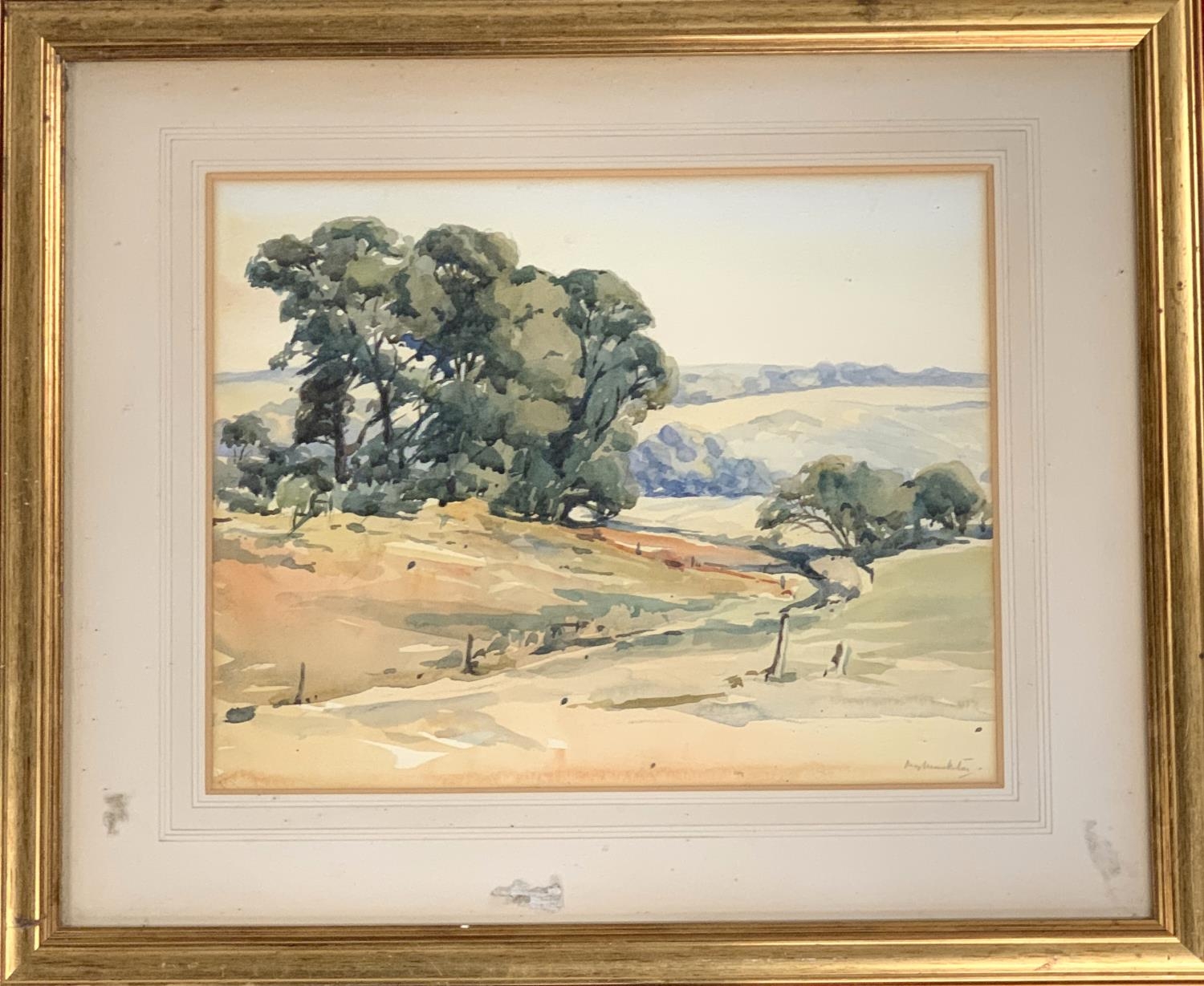 20th century watercolour, a clump of trees over a valley, signed indistinctly lower right, 32x40cm