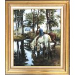 20th century oil on canvas, man with horses at water, signed indistinctly, 60x50cm