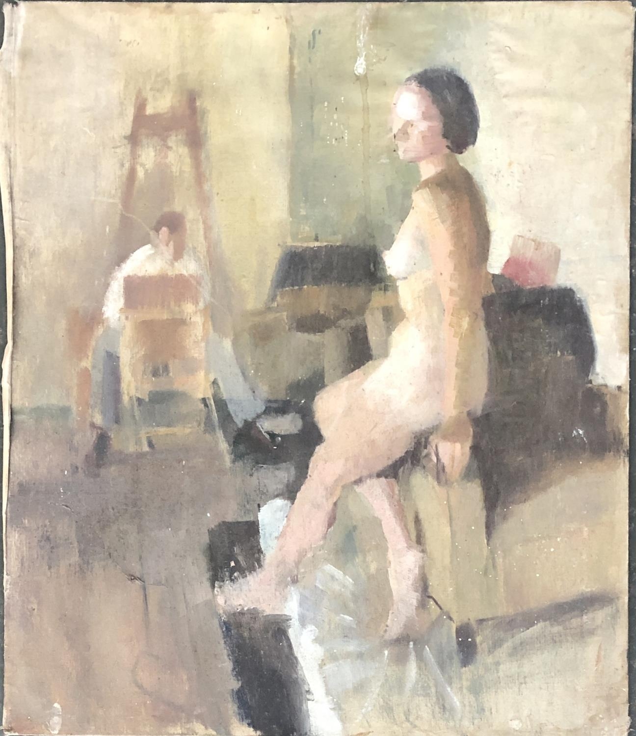 20th century oil canvas laid on board, nude and artist in the studio, 60x50cm