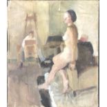 20th century oil canvas laid on board, nude and artist in the studio, 60x50cm