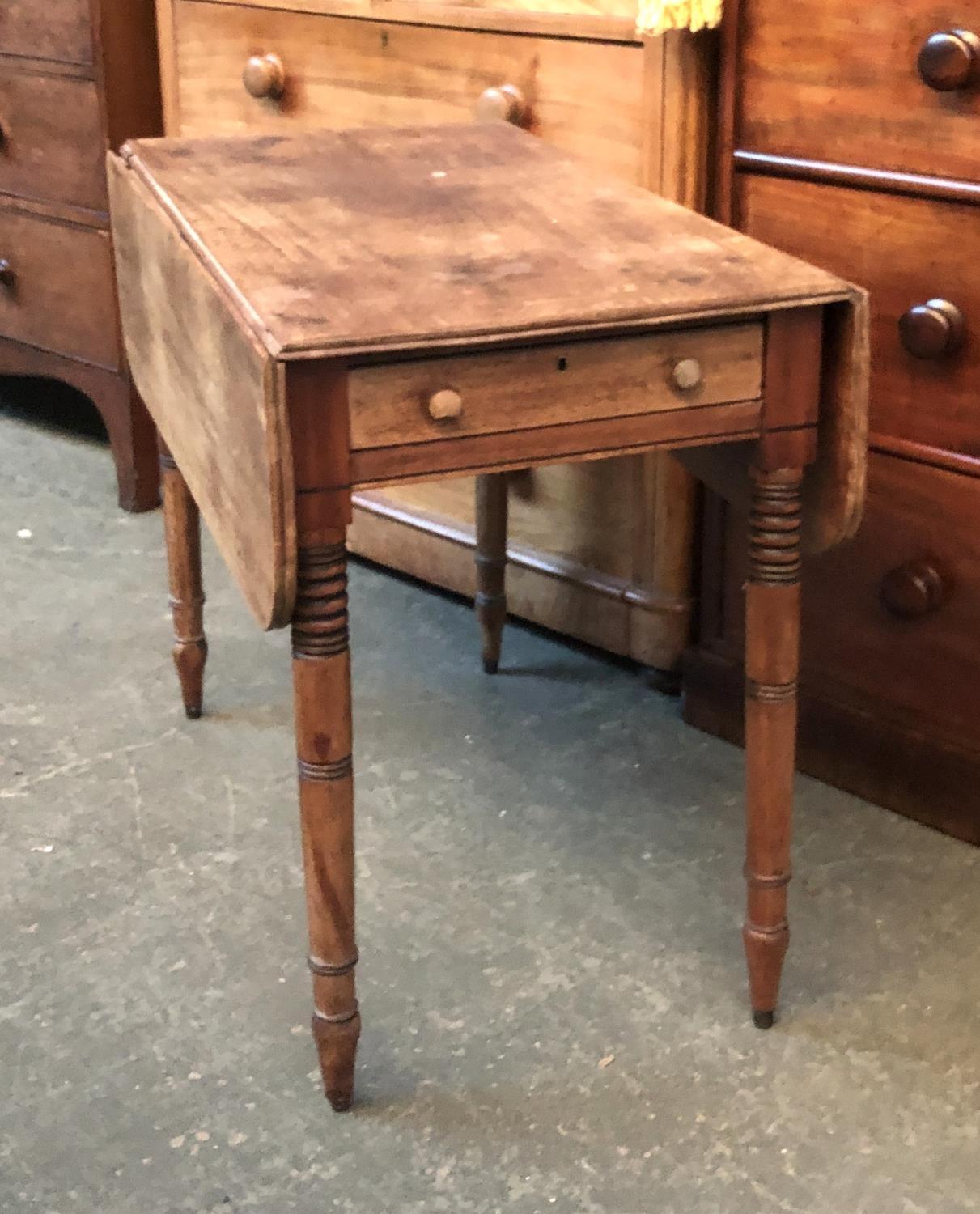 A 19th century mahogany pembroke table, single end drawer, on ring turned tapering legs, 83x47x69cmH - Image 2 of 3