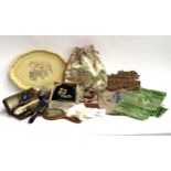 A mixed lot of vintage kitsch items to include crinoline lady table runner; metal tray; hand mirrors