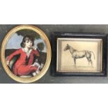 A photographic print of a horse, 'Springwell', together with acrylic on board, boy with spaniel,