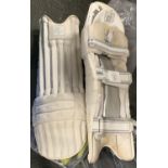 A pair of Woodstock cricket pads, together with two pairs of flippers, one size XL tropic dive buddy