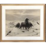After E Douglas 1898, print of horses in the snow, 34x44cm