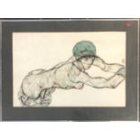 Colour print after Egon Schiele, 'Nude Woman in a Green Hat', 31x46cm, in Heal's metal frame