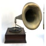 A large gramophone with horn, mechanism working but missing soundbox