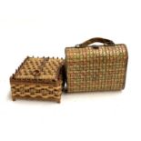 A wicker sewing basket containing pin cushion, dated 1907 to base, together with a novelty handbag