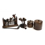 Two wooden pipe racks; together with a quantity of pipes, to include one marked Stanwell etc;