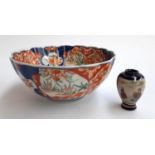 A Japanese vase with Geisha, 6.5cmH, together with an Imari scalloped rim bowl with floral