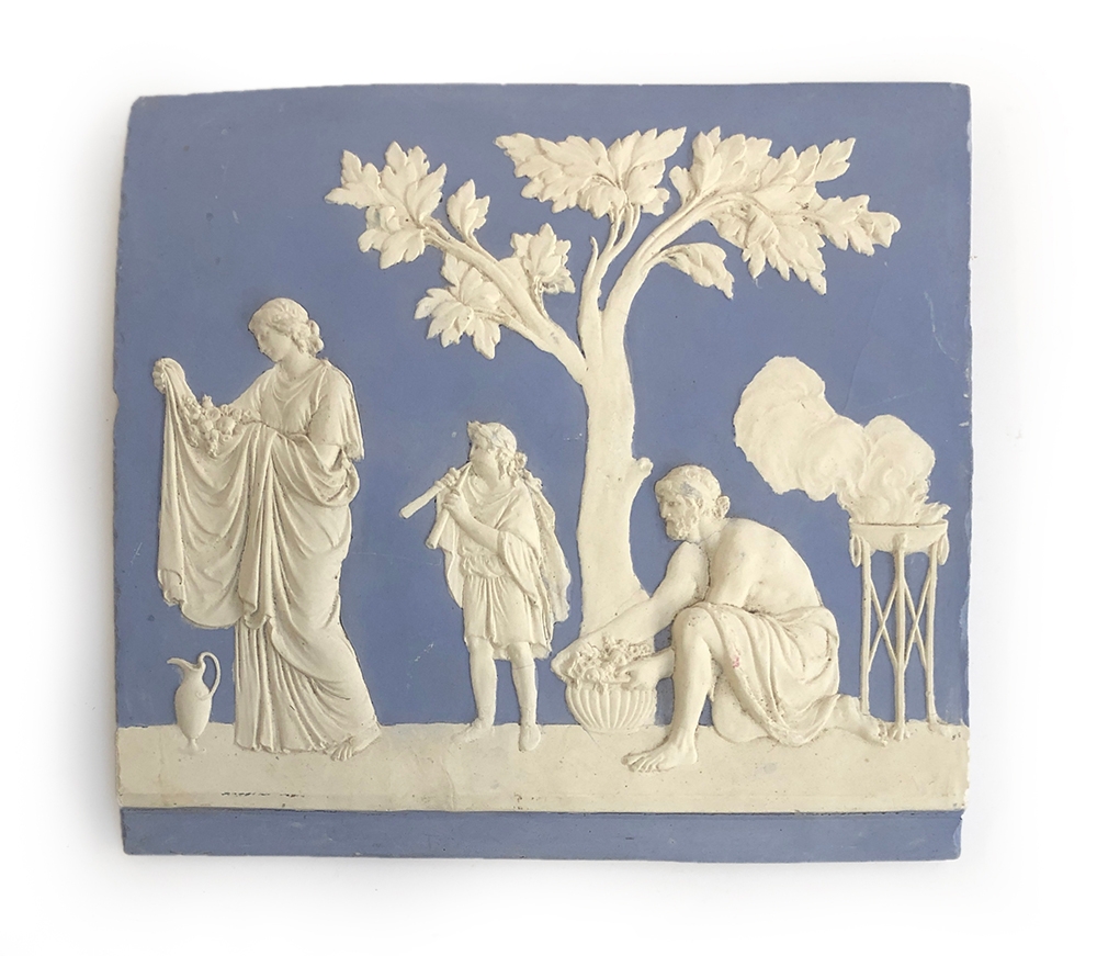 A Jasperware style plaster plaque of a classical scene, 24x26cm