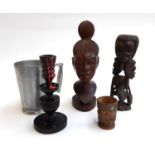 Two African female hardwood carvings, one signed, together with a New Zealand Tiki cup with Paua