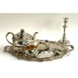 A mixed lot of plated wares to include a large chased style tray, teapot etc