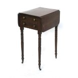 An early 19th century small mahogany pembroke table, two drawers, on ring turned tapering legs, with