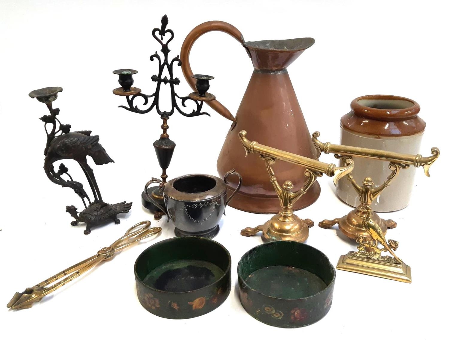 A mixed lot to include copper jug, stoneware jar, brass candlesticks, etc, together with various cut