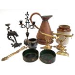 A mixed lot to include copper jug, stoneware jar, brass candlesticks, etc, together with various cut