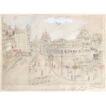 20th century French, pencil drawing of a Parisian scene, signed de Plessis, 32.5x44.5cm