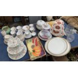 A mixed lot of ceramics to include a gold plated part tea service, Avon Ware vase; cake stands;