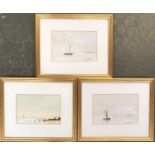 Three gouache on paper studies of boats at sea, 10.5x16.5cm