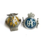 A vintage AA car badge, number 3E07036; together with an RAC badge