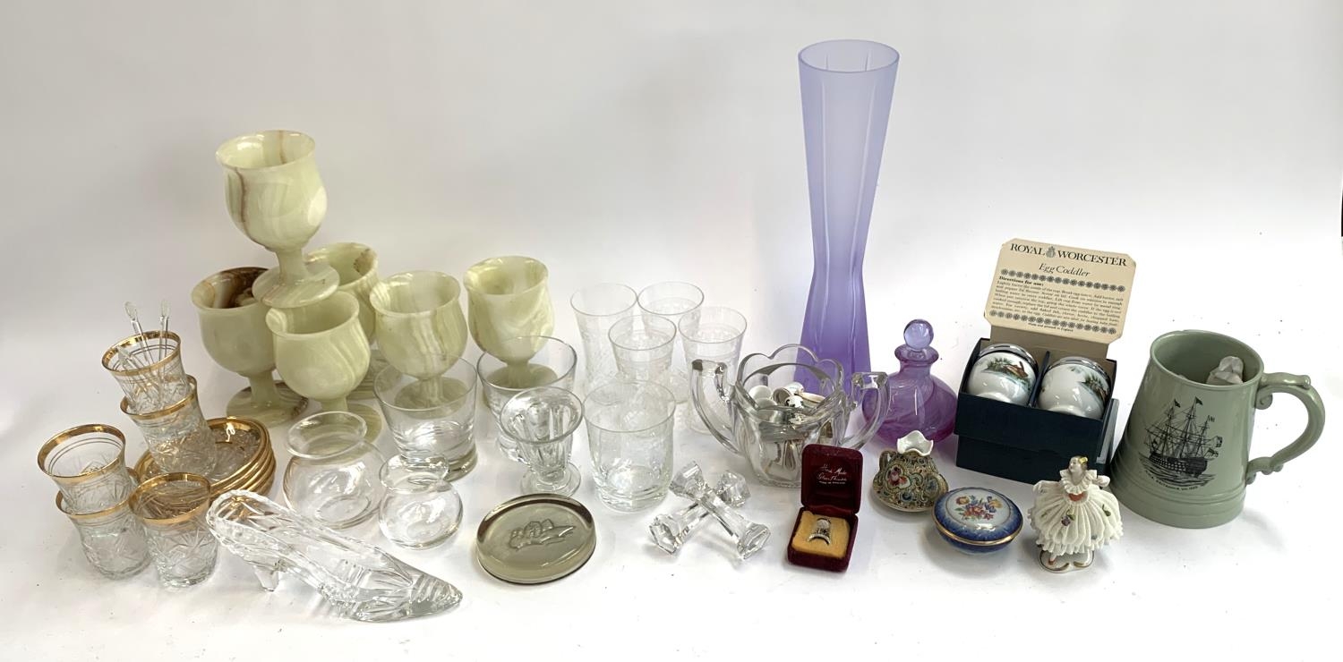 A mixed lot to include a set of 6 onyx goblets, a pair of boxed Royal Worcester egg coddlers, purple - Image 2 of 4