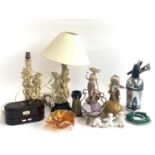 A mixed lot to include soda siphon; figural table lamps; vintage silk lined egg jewellers