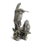 A white metal figure group of two kingfishers, the base labelled 'Sterling Silver Filled', 17cmH